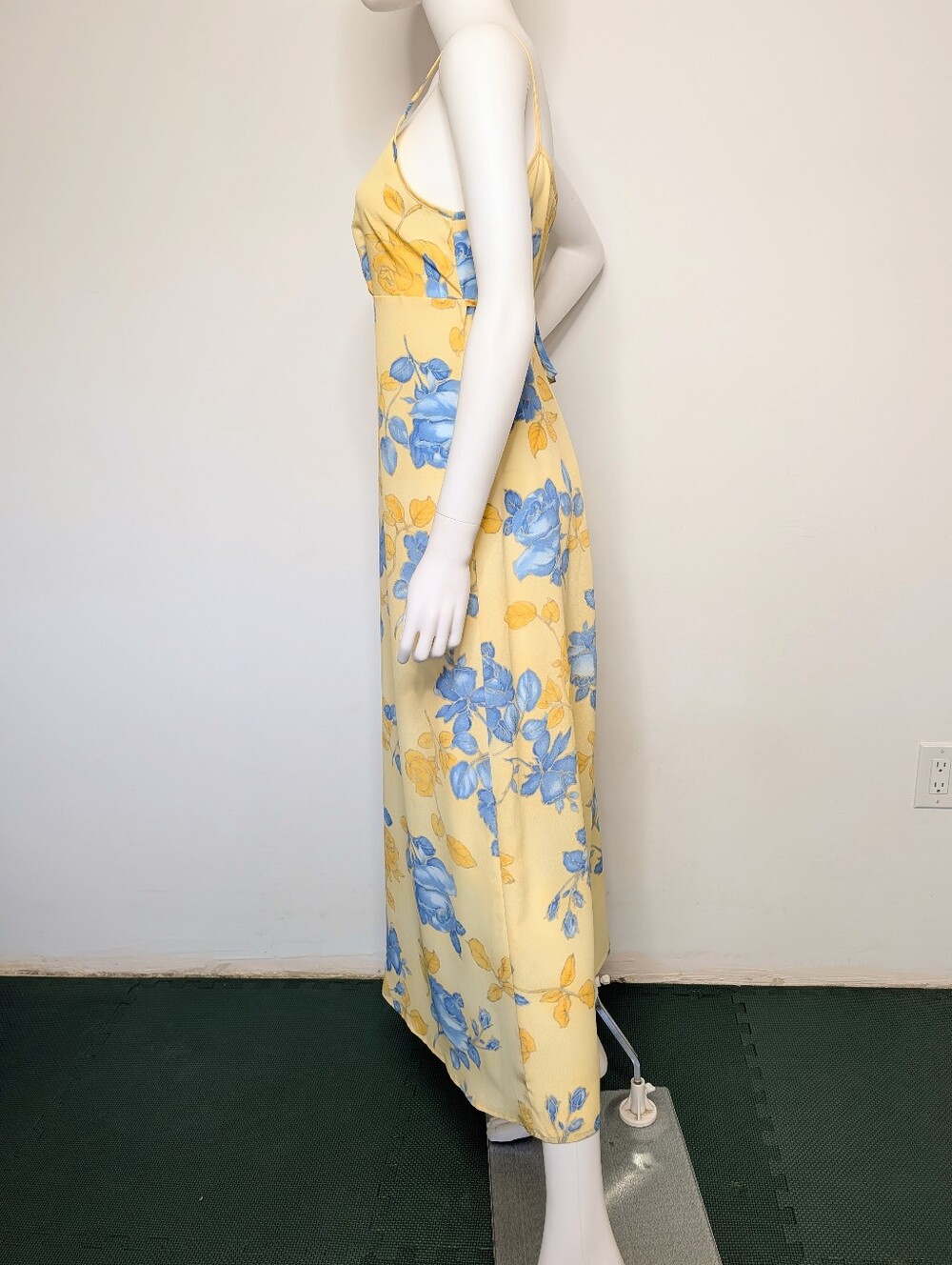 Y2K Yellow & Blue Floral Spaghetti Strap Empire Waist Semi Sheer Maxi Dress - Picture 6 of 13